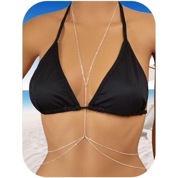 14K Gold Silver 1 Plated Body Chain Women Layered Rhinestone Bikini Bra Jewelry - Picture 1 of 7